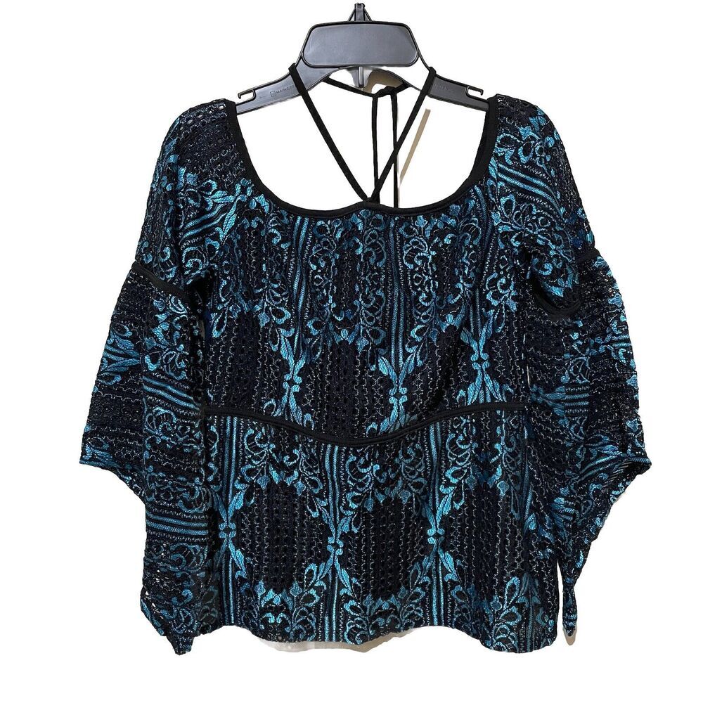 Y2K Sheer Floral Top Lace Print Fairy Witchy Whimsigoth Size Small‎ S Teal Black
